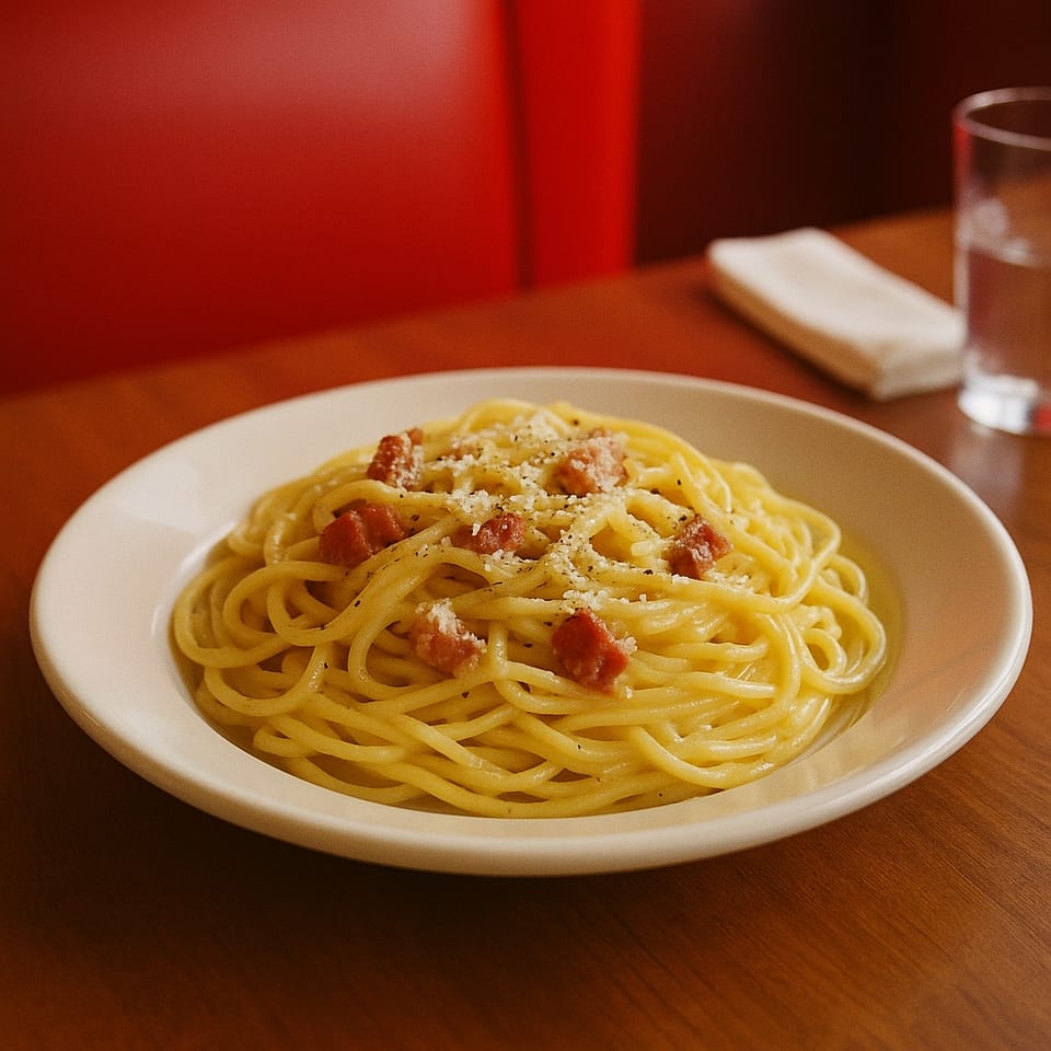 Al Dente Life's spaghetti carbonara with bacon, cheese, and pepper on a wooden table.