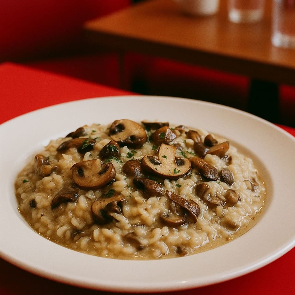 Creamy mushroom risotto with parsley in a white bowl on a red table at Al Dente Life.