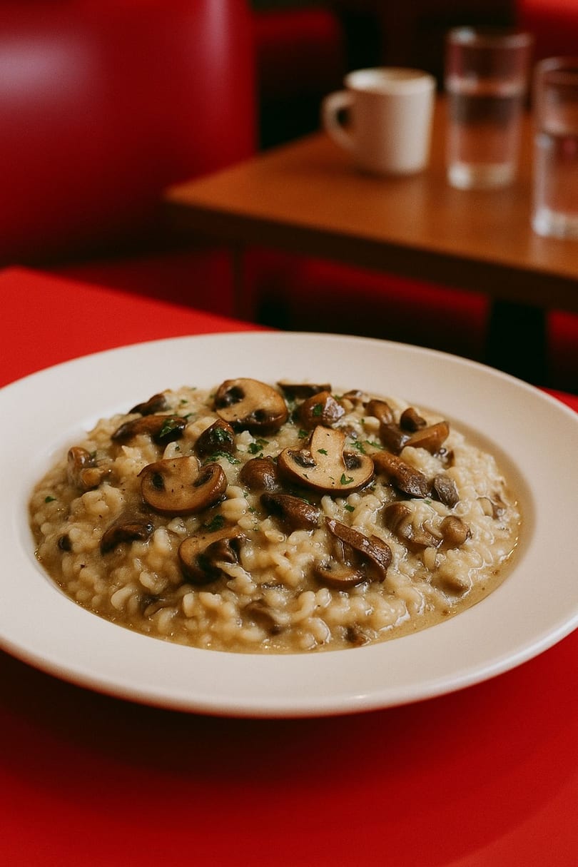 Creamy mushroom risotto with parsley in a white bowl on a red table at Al Dente Life.