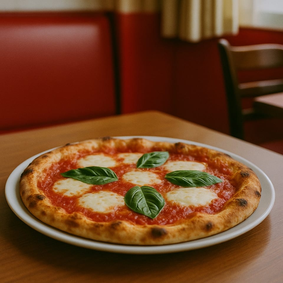 Al Dente Life's Margherita pizza with fresh basil and mozzarella on a wooden table.
