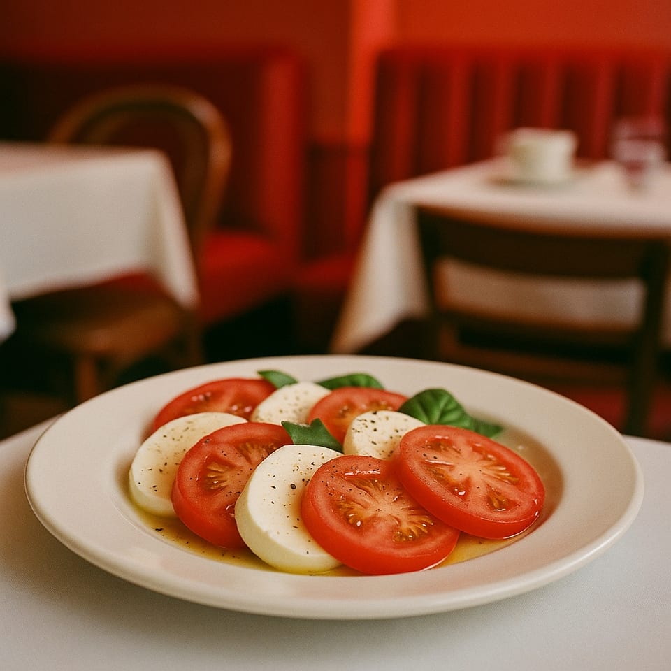 Caprese salad with fresh mozzarella, sliced tomatoes, basil, and olive oil at Al Dente Life.