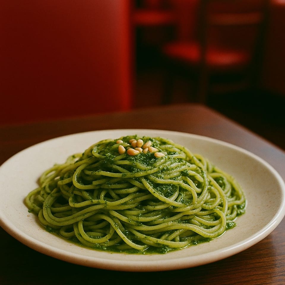Al Dente Life's vibrant green pesto spaghetti with pine nuts on a white plate, on a wooden table.
